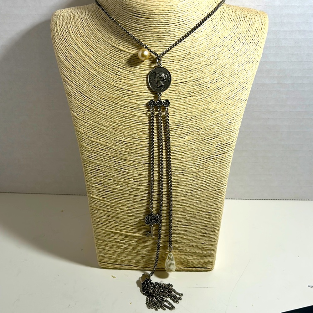 Yochi Ny necklace silver tone coin tassel key faux pearls approx 25”